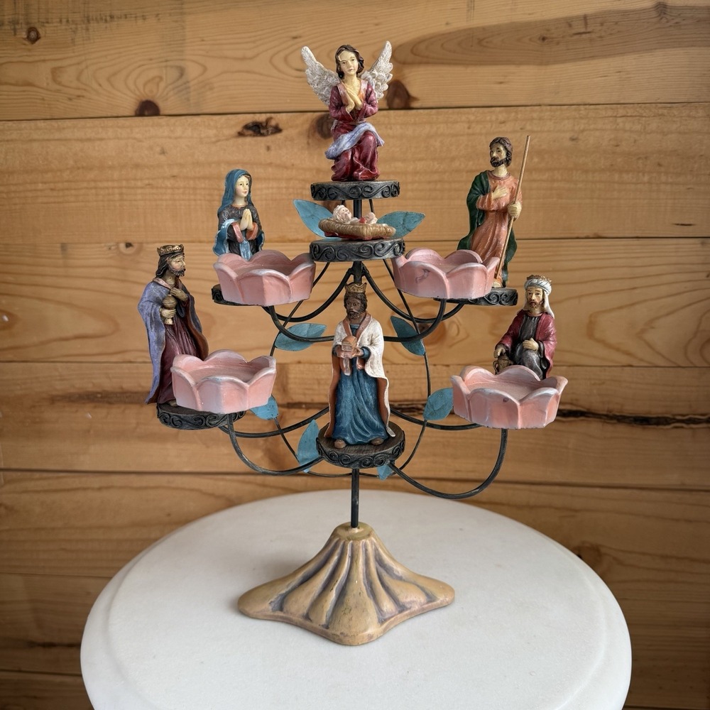 Christmas Candelabra Nativity Set Tree Tea Candle Holder‎ Religious Decor *Flaw